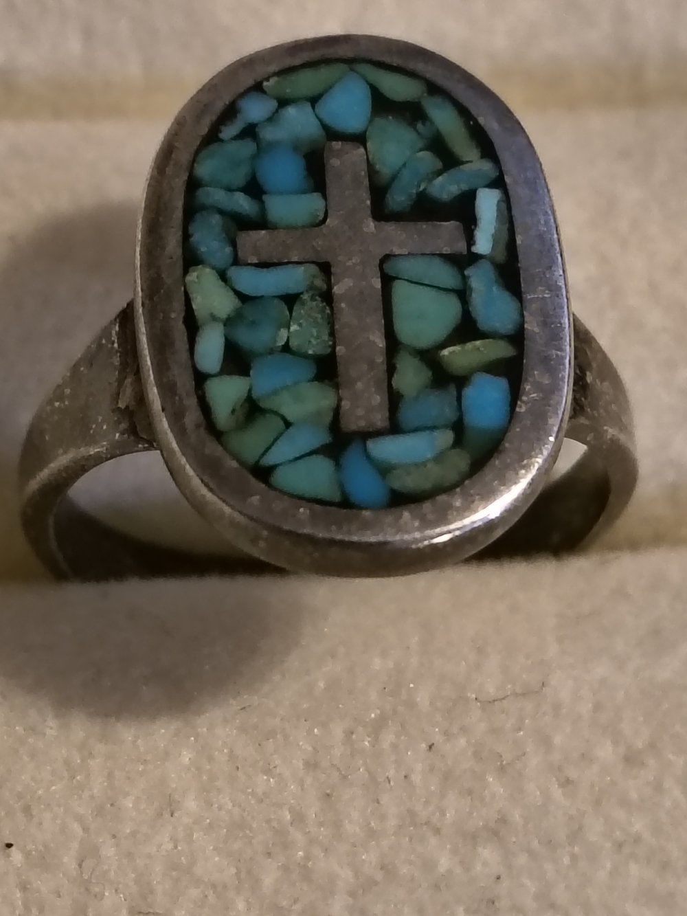 Navajo Native American Turquoise Cross Inlay Sterling Silver Ring Sz 6 Unsigned